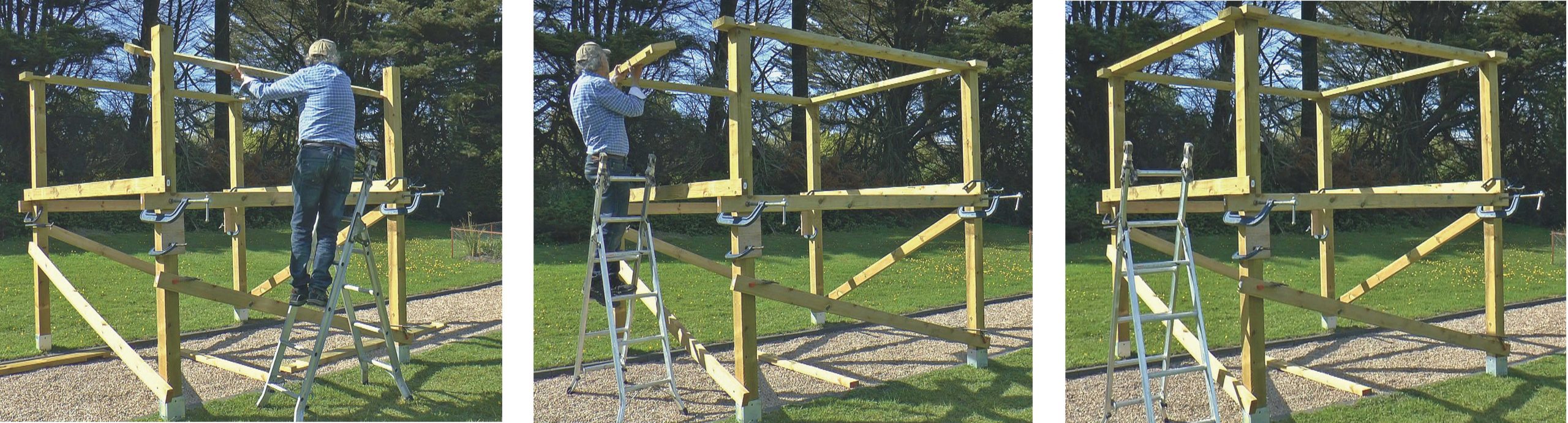 Putting the pergola top beams in place