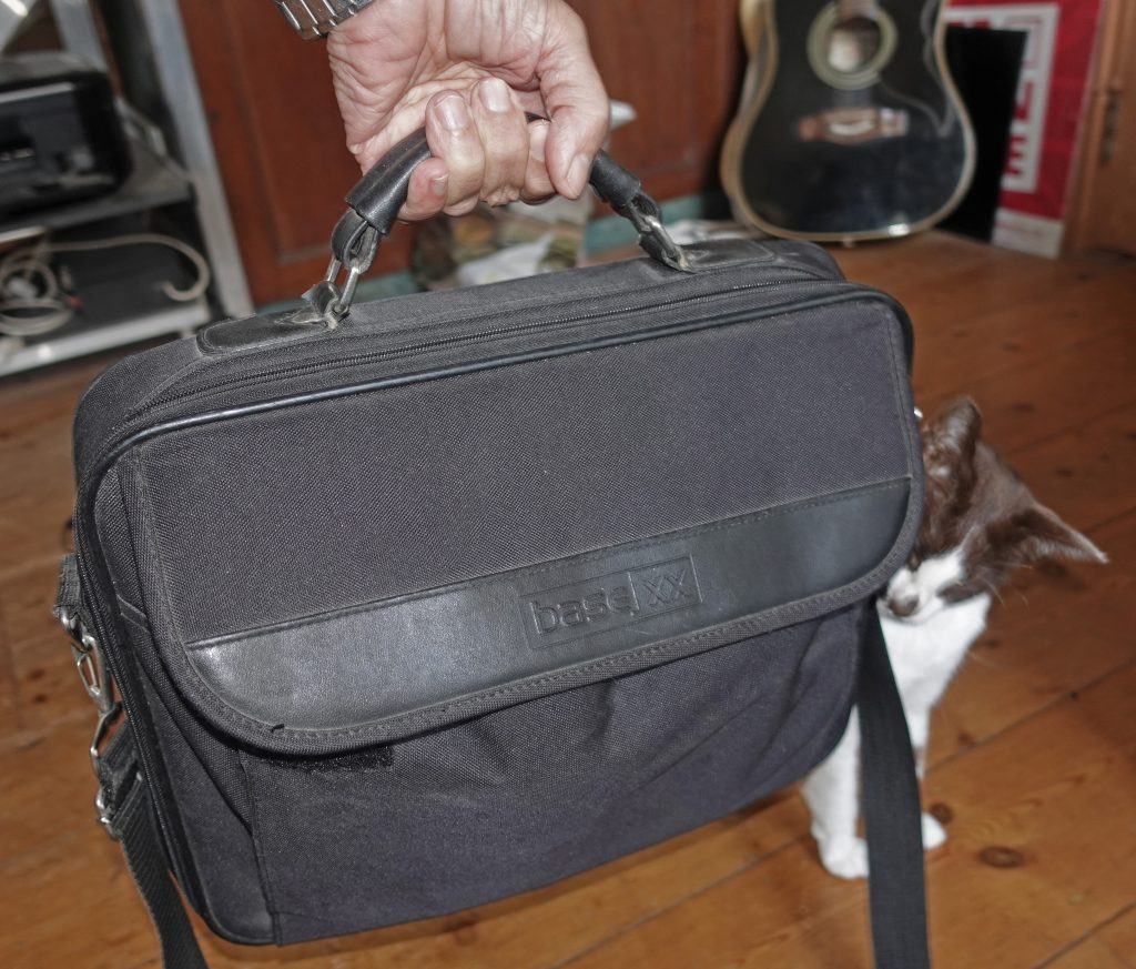 Computer bag and cat (Sweetie)